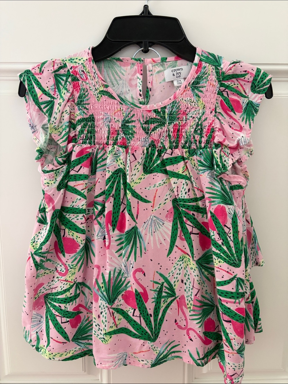crown & ivy Pink Tropical Flamingo Ruffle Sleeve Top with flutter skirt